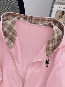 GlowEve 時尚新款休閒風長袖對比格紋前開拉鍊字母印花女款運動衫 - 粉色 - 查看 5