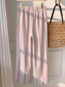 SHEIN EZwear 女款休閒綁帶腰直筒長褲，適合夏季 - 彩色 - 查看 2