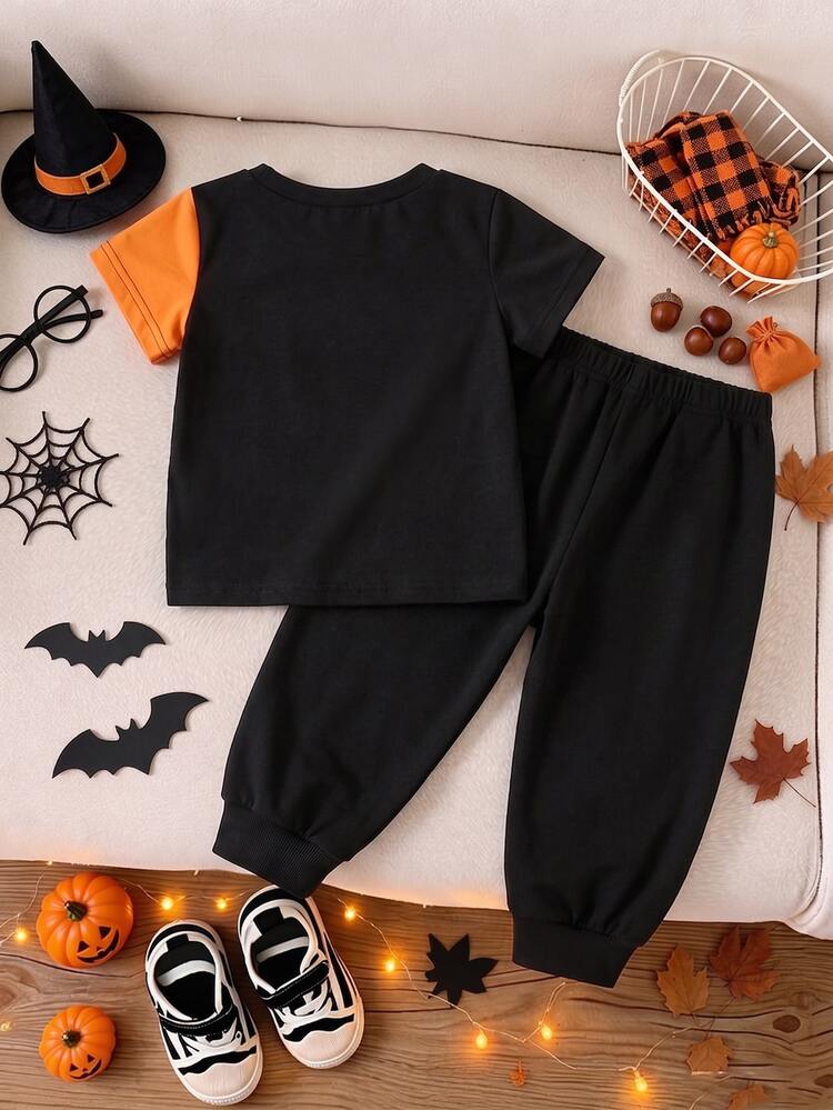 Toddler Halloween Cute Pastoral Style Colorful Print T-Shirt And Long Pants 2-Piece Set, Contrast Color Crew Neck Short Sleeve T-Shirt And Fleece Sweatpants Outfit, Pumpkin, Bat, Ghost And Spider Web Pattern Print, Casual Autumn/Winter Children's Clothing, Suitable For Boys And Girls - Multicolor - View 2