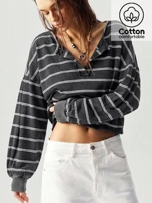 Bohemela Women's Striped Drop Shoulder Long Sleeve Casual Loose Sweatshirt - Black and White - View 3