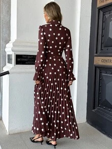 Pariaura Brown Polka Dot 4-Way Stretch Printed Neckline Ribbon Hem Pleated Waist Women's Long Dress - Brown - View 2