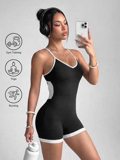 SHEIN Dewbera Women's Colorblock Trim Backless Outdoor Sports Romper