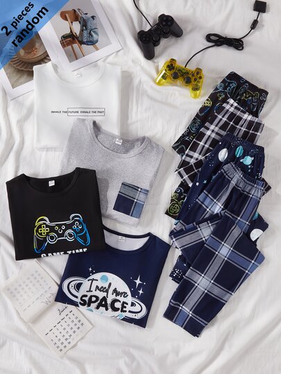 SHEIN 4 Random Sets Out Of 1 Pajama Set: Boys' Simple Gentleman Plaid Long Sleeve Solid Color Plaid Pocket Top Fashion Loungewear + Holographic Game Console + Simple Letter Print + Starry Sky Print Long Sleeve Pants, 2-Piece Randomly Sent Loungewear Pajamas