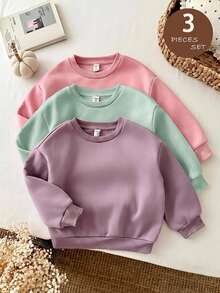 SHEIN LMoss Kids 女童 3件組 針織純色圓領寬鬆休閒秋冬衛衣套裝 - 彩色 - 查看 4