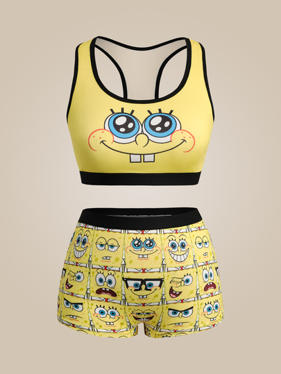 SpongeBob SquarePants | SHEIN Plus Size Women's Cartoon Print Bra And Hipster Panty Casual Everyday Lingerie Set