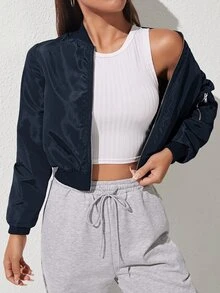 SHEIN PETITE Chaqueta Bomber con Cremallera unicolor para Otoño/Invierno - Azul Marino - Ver 1