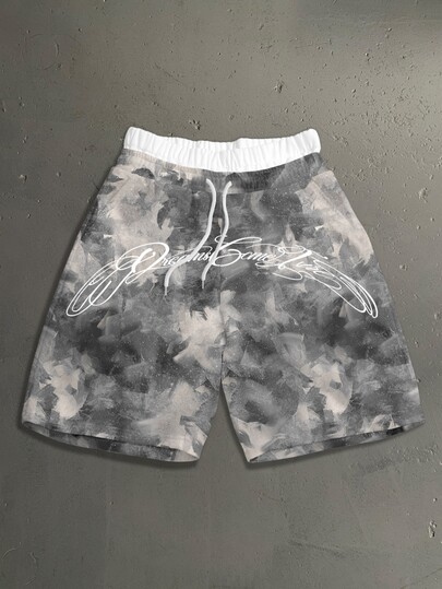 StoneGrade Men's Black Loose Fit Bermuda Shorts With Blurred Pattern Waistband, Handwritten English Curved Slogan Print, Fashion Style, Standard Size