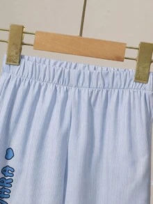 Souflis Children's Spring/Autumn Light Blue Striped Outfit, Minimalist & Exquisite, Fresh & Fashionable, Shirt With Black Horse Logo Decoration, Suitable For Daily Wear And Gatherings - Blue - View 4