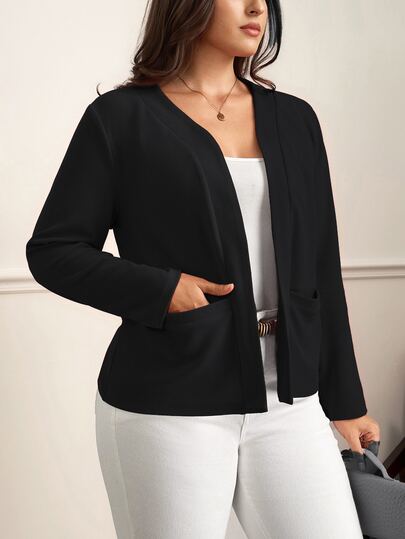 Chikora Chaqueta negra de talla grande para mujer, sin cuello, con bolsillos, elegante, casual, de estilo racing, minimalista, versátil, cómoda, ajuste regular, para oficina, otoño