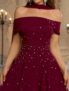 Glamrae Elegant Luxurious Beaded Diamond Sexy Off Shoulder A-Line Chiffon Ruched Dress With Halter Neck, Suitable For Wedding, Party, Bachelor Party, Vacation, Ball, Evening Gala - Burgundy - View 1