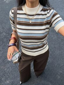 Siren Gaze Casual Minimalist Style Colorful Striped Women's Knit Top, Suitable For Autumn/Winter, Versatile - Multicolor - View 6