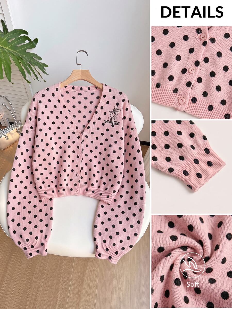 TOM & JERRY X SHEIN SHEIN EZwear 大尺碼女款復古波點圖案長袖針織開襟衫,適合外出、街頭穿搭、機場造型、時尚、返校、Y2K、派對、海灘度假、假期 - 彩色 - 查看 1