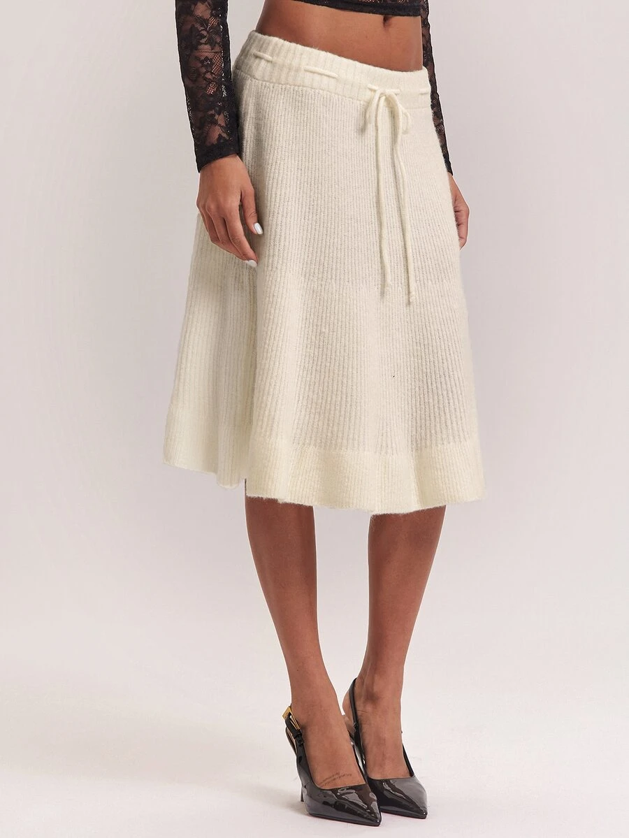 SHEIN BAE Regular Women's Solid Color Waist Tie Knit Skirt - Apricot - View 1