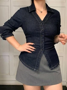 Dazy Plus Atasan Denim Lengan Panjang Berkerah dengan Pinggang Elastis dan Belahan di Bagian Bawah, Gaya Kasual Urban Elegan, Cocok untuk Musim Gugur, Pergi ke Klub Malam - Dark Wash - View 5