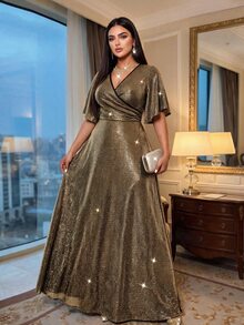 Auveirra Plus Size Women's Colorblock Casual Party Dress - Gold - View 3