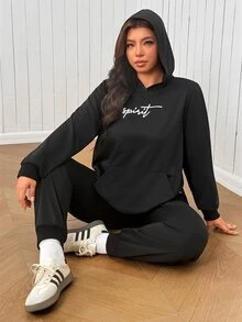 SHEIN EZwear Plus Size Letter Print Hoodie & Sweatpants Set - Black - View 5