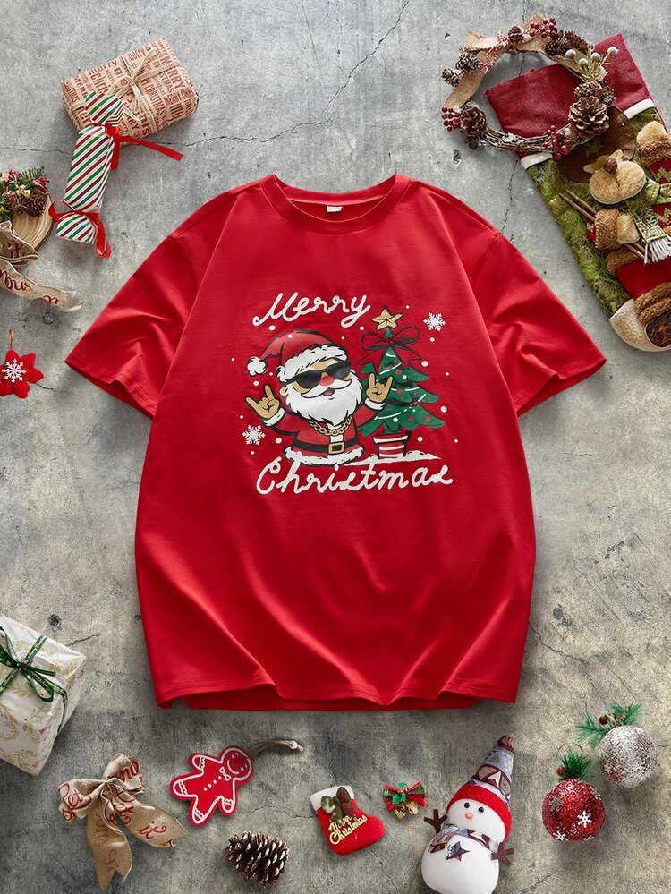 AXEPEAK Men's Christmas Print Short Sleeve T-Shirt - Red - View 1