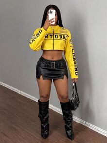 Slaydiva 女款性感辣妹短版字母印花長袖夾克 - 黃色 - 查看 9