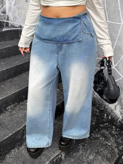 Jeanoix Y2K Plus Size Women's Outdoor Street Style Folded Waist Blue Denim Wide Leg Pants