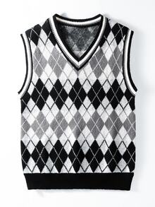 Manfinity Homme Men's Plus Size Diamond Grid Casual Daily Wear Knitted Vest,Fall/Winter Unisex Style, Couple Outfit, Best Holiday Gift - Black and White - View 1