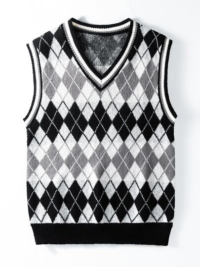 Manfinity Homme Men's Plus Size Diamond Grid Casual Daily Wear Knitted Vest,Fall/Winter Unisex Style, Couple Outfit, Best Holiday Gift