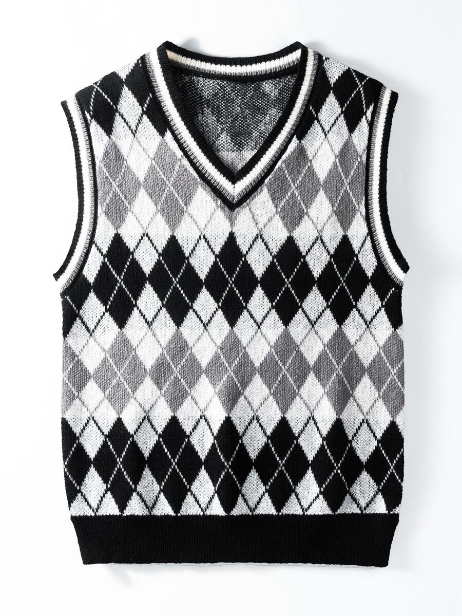 Manfinity Homme Men's Plus Size Diamond Grid Casual Daily Wear Knitted Vest,Fall/Winter Unisex Style, Couple Outfit, Best Holiday Gift - Black and White - View 1