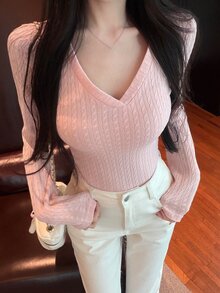 DAZY 女款休閒百搭純色修身T恤，秋冬度假款 - 粉色 - 查看 1