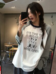 DAZY Women's Round Neck Long Sleeve Color Block Korean Style Girly Aesthetic T-Shirt Oversized Tshirts For Women Fall - Grey - View 1