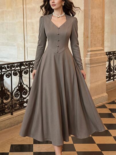 Vintamour Vintage elegante lange damesjurk met zakken en knopen, casual woon-werk- en vakantiejurk voor herfst/winter