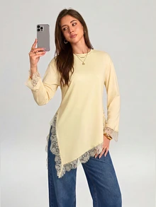Firerie Women's Lace Patchwork Casual Versatile Daily Wear T-Shirt - Light Yellow - View 5