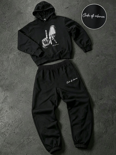 SHEIN Kids 2pcs Teen Boys Casual Street-Style Printed Black Hooded Sweatshirt Is Perfect For The Fall/Winter Back-To-School Season.