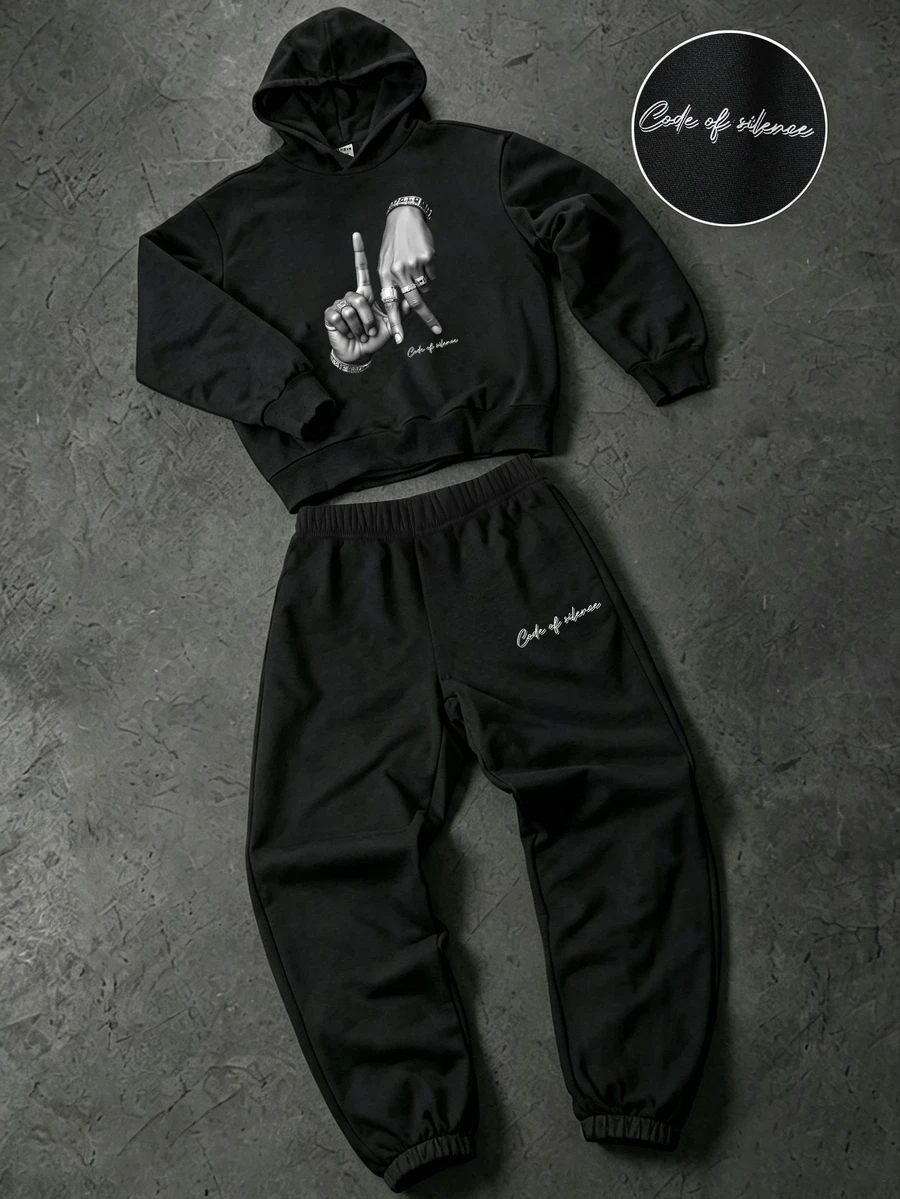 SHEIN 兒童 2件組 青少年男童休閒街頭風印花黑色連帽衛衣,適合秋冬返校季節 - 黑色 - 查看 1