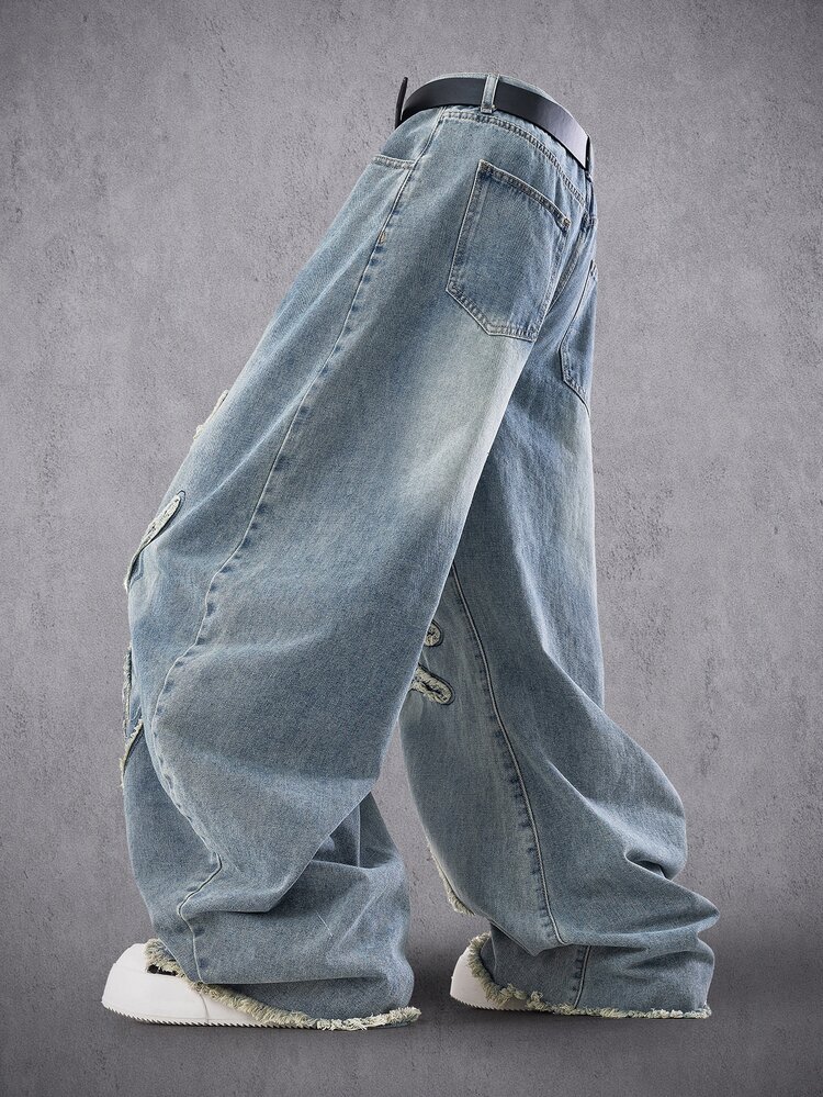 2026 New Tween Boys All-Season American Vintage Personalized Frayed Hem High Street Embroidered Washed Soft Denim Loose Curved Leg Pants Versatile Casual - Light Wash - View 2