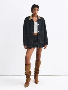 ATUI Studio Women's Single-Breasted Long Sleeve Jacket And Mini Skirt Fashion Denim Set - Navy Blue - View 3