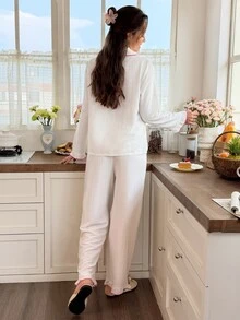 Snug Reverie Fresh Pure White Pleated Texture 2 Pieces Pajama Set, Ruffle Cuff Detail, Comfortable Loose Slouchy Loungewear - Beige - View 2