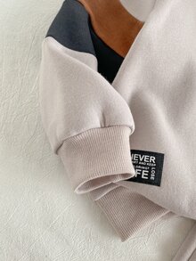 SHEIN Playful Pals 幼兒男童休閒拉鍊極簡風日常米色拼接抓絨長版連帽衛衣套裝，連帽上衣與運動長褲套裝 - 白色 - 查看 3