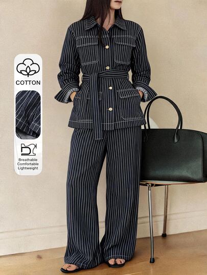 DAZY Teen Girl Button-Up Pocket Long Sleeve Jacket And Striped Long Pants Denim Set