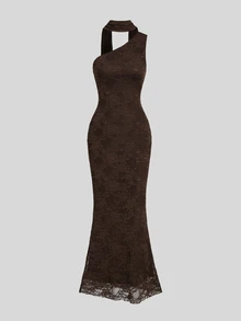 Sweetra Women's One-Shoulder Fitted Maxi Dress With Versatile Shawl, Elegant And Sexy, Party And Banquet Style - Brown - View 4