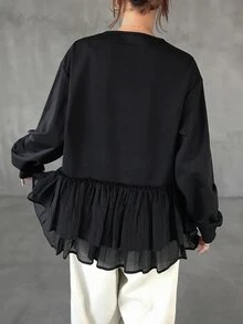 FRIFUL 女款圓領黑白字母印花裝飾袖多材質拼接寬鬆運動街頭風休閒秋季日常T恤 - 黑色 - 查看 3
