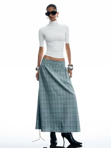 LYSMO Women's Fashion Plaid Drawstring Pleated Midi Skirt - Grey - View 4