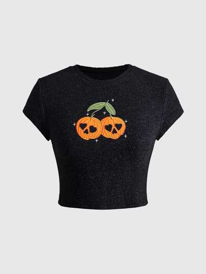 Halloween Kürbis besticktes kurzes figurbetontes Damen T-Shirt