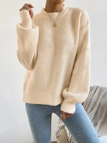 SHEIN 女款極簡優雅杏色圓領針織燈籠袖套頭衫，適合日常購物、休閒、度假、旅行、約會 - 杏色 - 查看 5