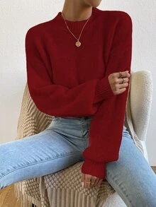 SHEIN 女款秋冬優雅酒紅色圓領羊毛混紡針織燈籠袖套頭毛衣，適合日常購物、休閒、度假、旅行、約會 - 酒紅色 - 查看 6