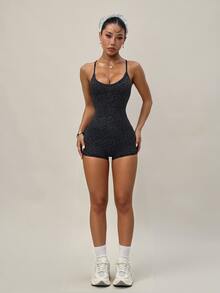 SHEIN Velisys Seamless Knit Same Color Leopard Print Sports Romper Shorts + Romper Pants 2-Piece Set - Dark Grey - View 6