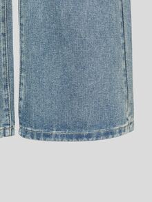 SHEIN Girls' Y2K Washed Distressed Rhinestone Letter Wide Leg Jeans, Tween GirlsElastic Waist Loose Straight Leg Long Pants, All-Over Shiny Rhinestone Decor Vintage Casual Versatile Daily Streetwear Blue Denim - Blue - View 3