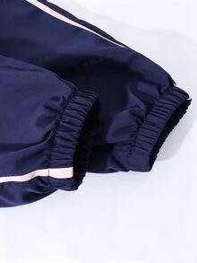 SHEIN 女童休閒百搭極簡風外套套裝，秋季穿搭，胸前白色字母刺繡，袖口與褲側白色緞帶蝴蝶結 - 藏蓝色 - 查看 5