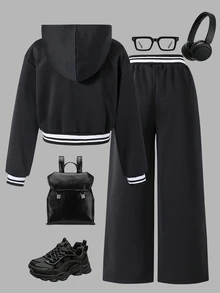 SHEIN 青少年女孩秋季套裝 秋季上衣 美式運動休閒時尚 針織面料連帽衛衣 配對色羅紋胸前設計 - 黑色 - 查看 2