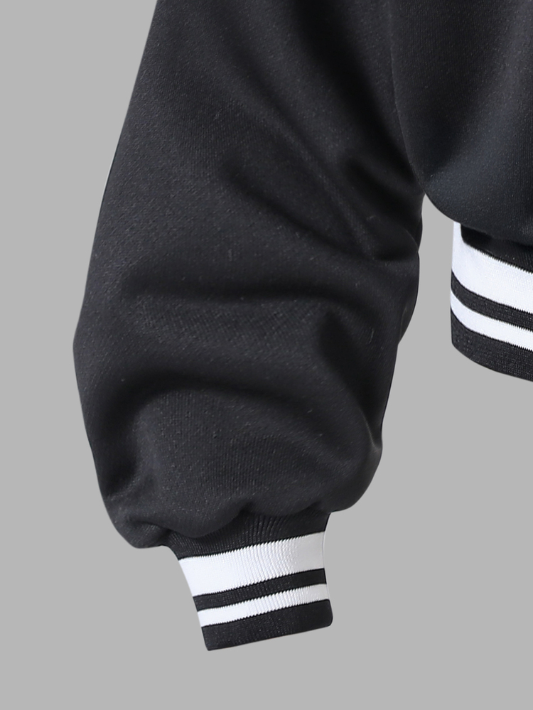 SHEIN Tween Girl American Sports Casual Fashion Knit Fabric Hooded Sweatshirt With Contrast Color Ribbed Chest Classic Print Pattern And Ribbed Waist Knit Long Pants, Loose Fit Comfortable, Suitable For Spring Festival, Autumn, Winter, Daily Commute, Outdoor Play, Outings, Gatherings, Photography - Black - View 3