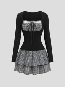 Sweetra Women's Autumn/Winter Fashion Design American Retro Black & White Small Checkered Double Layer Ruffle Patchwork Black Knit Fitted Slimming Sweet Lace Trim Long Sleeve Short Dress - Black - View 3