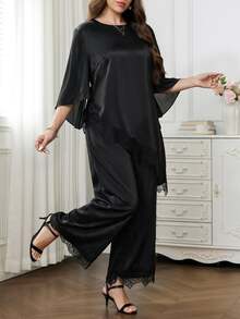 Reflora Plus Size Women Lace Patchwork Top And Pants Casual Daily 2 Pieces Set - Black - View 1